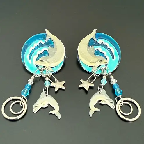 Rare LUNCH At The RITZ Blue Dolphin Dance Dangle Whimsical Earrings 17g.