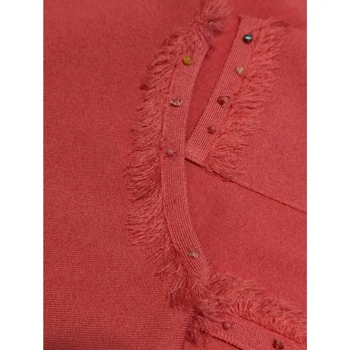 Misook Vintage Fringe Beaded Cardigan Coral Pink Open Sweater Womens Large VTG