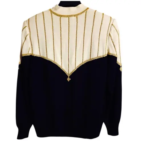 St. John Evening 90’s Black & Cream w/Gold Bead Striped Mock Pullover Sweater Sz 10
