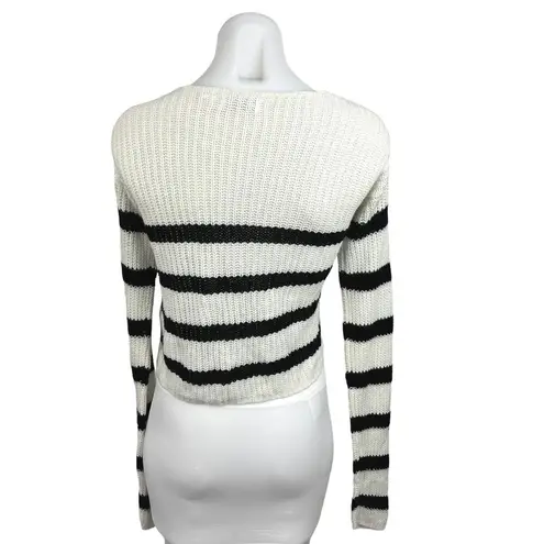 Brave Soul White Black Striped V-Neck Cropped Long Sleeve Sweater Top Size S