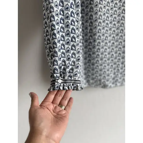 Talbots ‎ Women’s White Blue Grosgrain Trim Crinkle Bird Cage Print Blouse Size L thumbnail 6