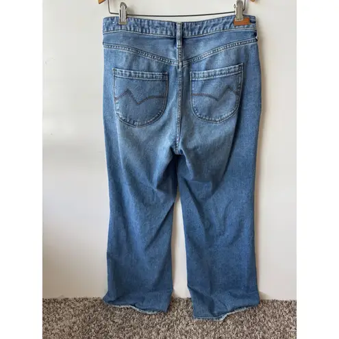 Cleo + Wolf High Rise Loose Fit Flare Leg Jeans Distressed Hem 28W x 32L Blue Size 28