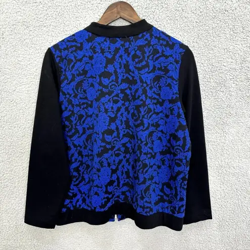 Susan Graver Bomber Jacket Womens Medium Black Blue Floral Zip Lightweight Boho