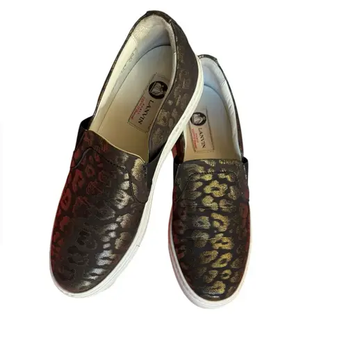 LANVIN Metallic Black Gold Leopard Slip on Brocade Sneaker shoe leather sz 37