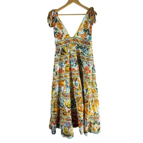 Farm Rio Blue Spring Bananas Midi Dress Size Large Tropical Vacation Casual