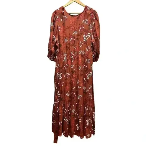 ELOQUII Elements Floral Print Midi Wrap Dress with Puff Sleeves, 16 Brown