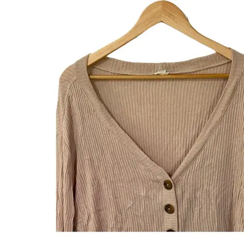 Garage  Tan Ribbed Cropped Button Front Long Sleeve Loose Fit V Neck Top Medium thumbnail 2