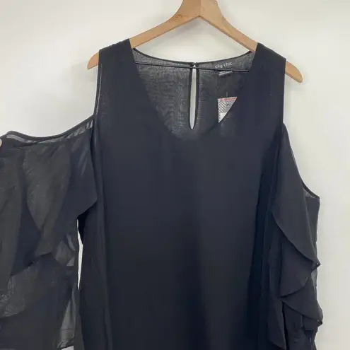 City Chic Chiffon Ruffled High Low Tunic Blouse Cold Shoulder Cascading NEW L