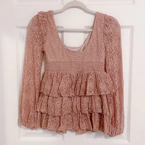 Japanese Kawaii Pastel Peach Pink Cottage Lace Ruffle Layered Tiered Blouse Top Size XS