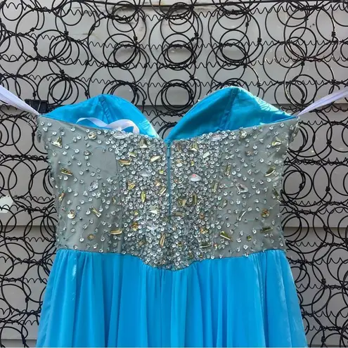 Terani Couture Strapless Prom Dress Blue Silver Embellish flowy chiffon skirt 4