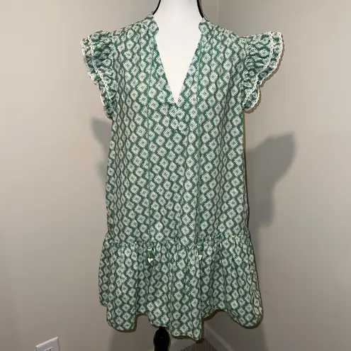 Hausen Aztec Diamond Print Cap Sleeve Ruffle Hem Mini Dress Green White Size M Size M
