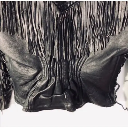 Vintage Genuine Black Leather Fringe Biker Motorcycle Jacket SZ L Size L