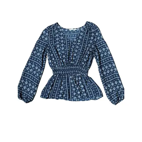 JACK Womens S Blue White Geometric Pattern V-Neck Smocked Waist Long Sleeve Top