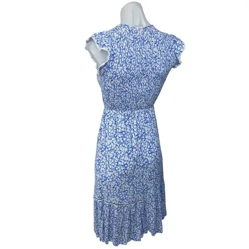 Lost + Wander Blue Floral Print Smocked Ruffle Short Sleeve Midi Dress Size XS