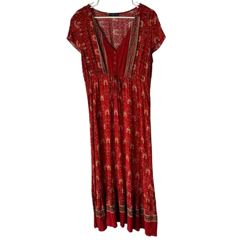 Floral Blooming Red Boho Maxi Dress XXL Empire Waist Button V