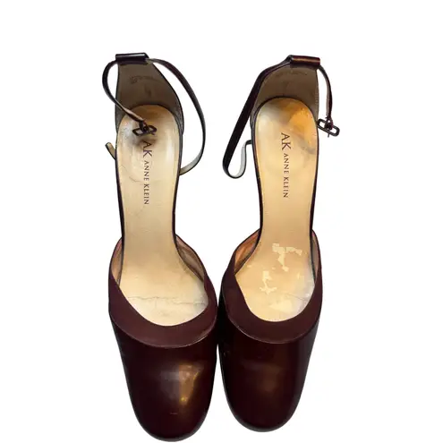 AK Anne Klein Burgundy Leather Ankle Strap Heel Pumps Shoes Women's Size 9M Red
