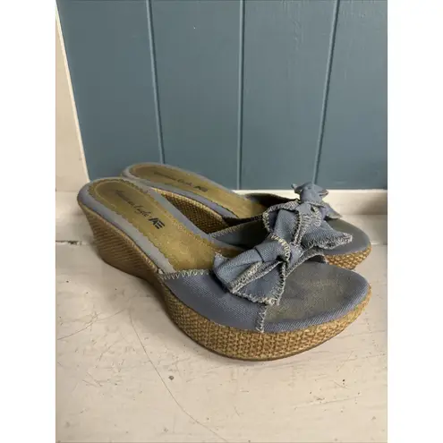Vtg American Eagle Women's Sz 8 Blue Denim Jean Fabric Slip On Wedge Sandals