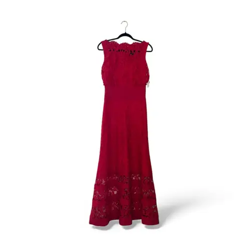Tadashi Shoji Red Lace Illusion Maxi Gown Women’s Size 4 Formal Evening Dress
