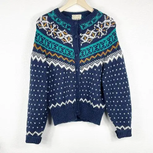 Jantzen Vintage IVY Hand Knit Women's Sweater Cardigan Size Small Navy Blue Fair Isle