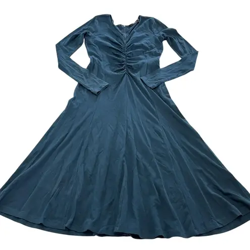 Eshakti Dress Womens 2 Blue Long Sleeve Midi Ruched Bodice Flare Cotton Spandex