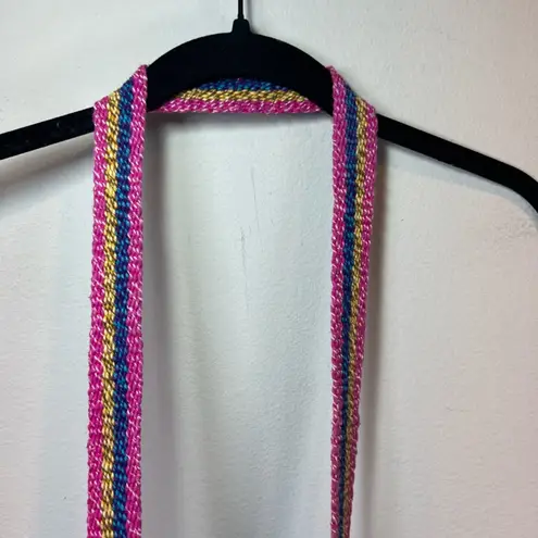 Wayuu Woven Bucket Bag Purse Pink Yellow Wood Bead Animal Print Cinch Close Boho