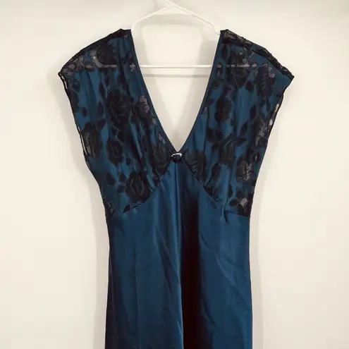 Adonna Womens VTG Satin M Long Nightgown Blue Floral Lace Rare Sexy Dress Goth