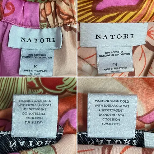 Natori Asian Dragon Floral Pajama Set Peach Pink Lime Gold Print Size Medium Orange