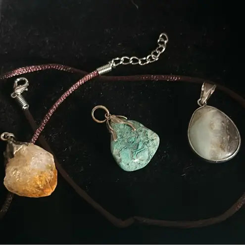 Vintage Dyed Agate Raw Citrine Orca Agate Pendants with Brown Silk Cord Necklace Silver