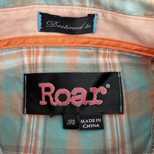 Roar Women's Embroidered Blue Orange Button Up Plaid Western Shirt – Size Medium