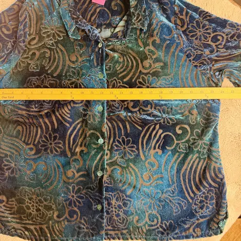 Beverly Drive Top Womens 18W Turquoise Velvet Burnout Floral Artsy Art to Wear Blue