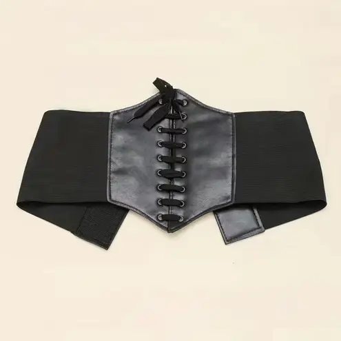 Vintage Style Lace Up Faux Leather Elastic Girdle Black Casual Wide Waistband