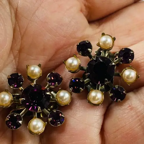 Women Clip On Earrings Purple Color Glass Faux Pearls Rivet Construction Vintage