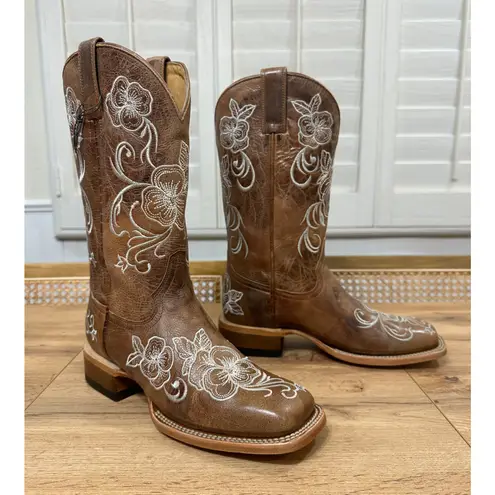 Shyanne Lasy Floral Embroidered Western Boots Brown Leather Size 9 NWOB Cowgirl