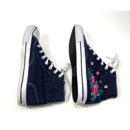 Airwalk Sneaker Womens 10 Navy Denim Embroidered Flowers Lace Up High Top Shoes