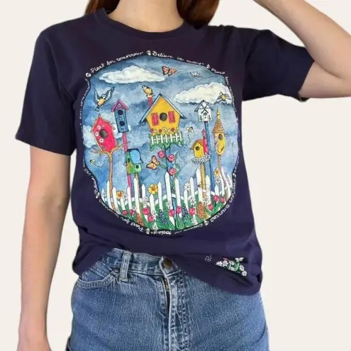 2000s vintage granny garden, birdhouse, flower graphic tee XS/Small Blue