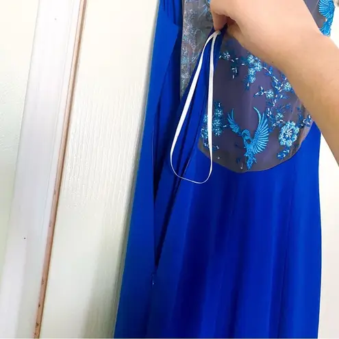 Marchesa Notte Dress Floral Bird Embroidered Mesh Mermaid Maxi Blue 4 NWT