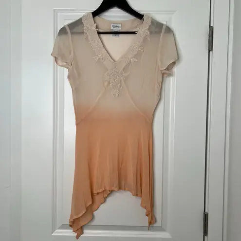 Together Beige Ombre Lace Trim Top Size 4 Handkerchief Hem Boho Romantic Orange