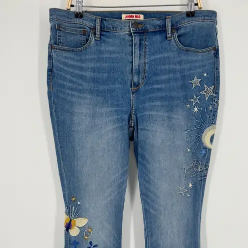 Johnny Was Good Vibes Skinny Jeans Size 32 Blue Embroidered Celestial Boho Artsy