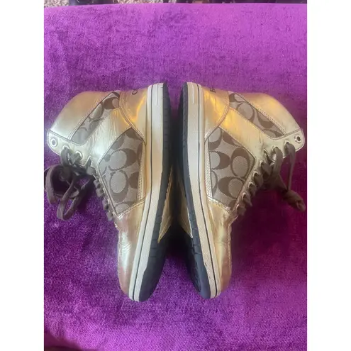 Coach  Norra High Top Sneakers Gold Shoes Lace Up Size 7 Leather Canvas