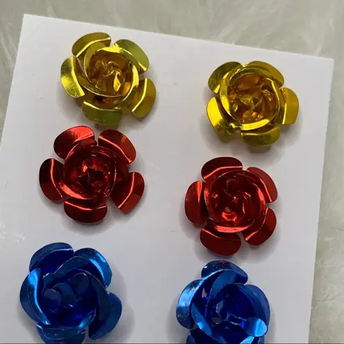 4 Large Metallic Rose Metal Stud Earrings Flawed Gold