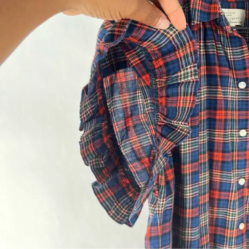 Trovata Birds Of Paradis Marianne Soft Cotton Plaid Ruffle Sleeve Button Up Top Red Size XS