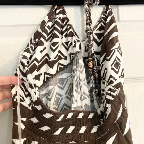 T Bags Los Angeles Maxi Dress Halter Brown White Geometric Print S Summer Boho