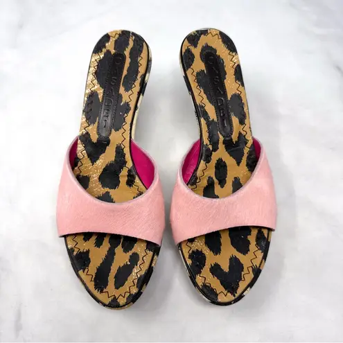 Casadei Pink Calf Hair Leopard Print Denim Jean Mule Platform Wedge Sandals 6.5