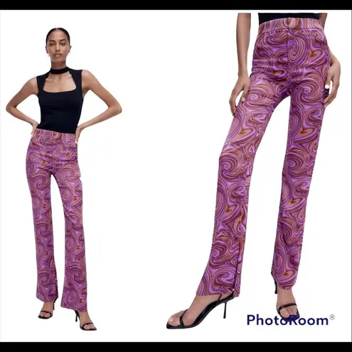 ZARA  printed flare high waisted pants. Retro swirl pattern.