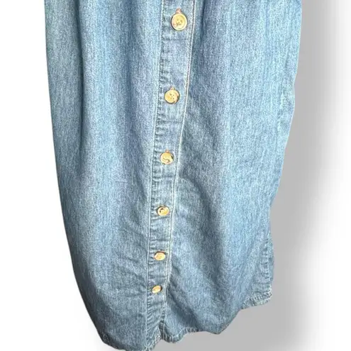 90s Denim Midi Dress USA Made Button Front Short Sleeve Empire Waist Jean Dress Blue Size M