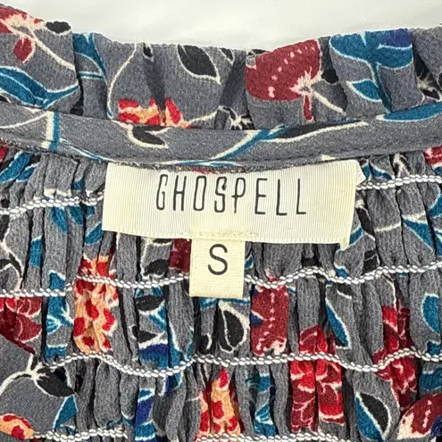 Ghospell Raindrop Floral Balloon Sleeve Smocked Crop Blouse Small Long Sleeve Gray