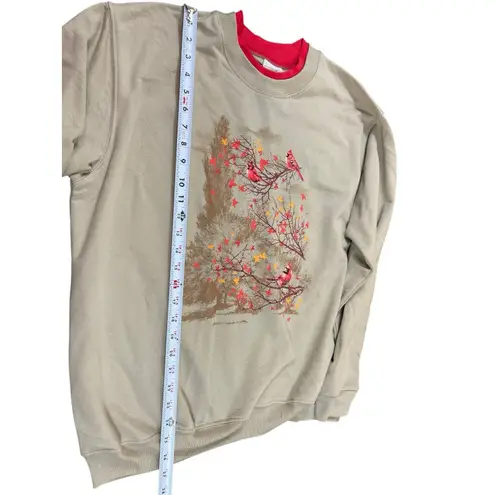 Top Stitch by Morning Sun Sweatshirt Cardinals Birds Fall Leaves Beige Red XL