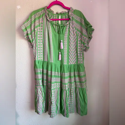 Uncle Frank Green & Pink Boho Tassel Ruffle Sleeve Tiered Pocketed Dress L