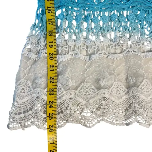 Womens Boho Open Knit Crochet Tank Top Sz L Lace Beach Resort Festival Coachella Blue Size L