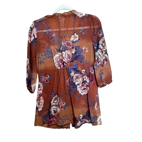 Daytrip  Buckle Top Womens Medium Multicolor Floral Print Sheer Button Up Blouse